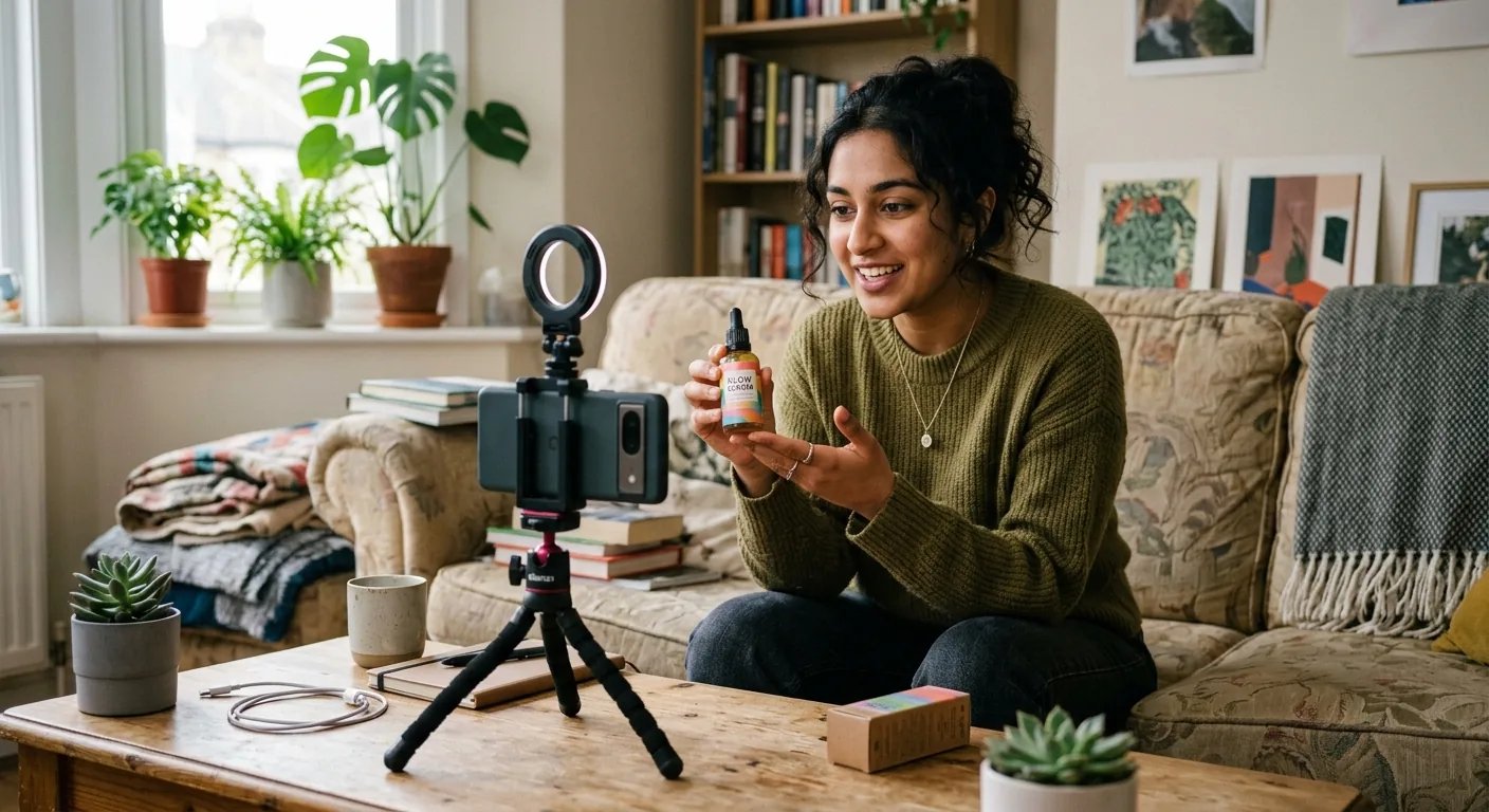 Een jonge content creator filmt in een huiselijke setting een product review met een smartphone op een klein statief, wat de laagdrempeligheid van UGC illustreert.