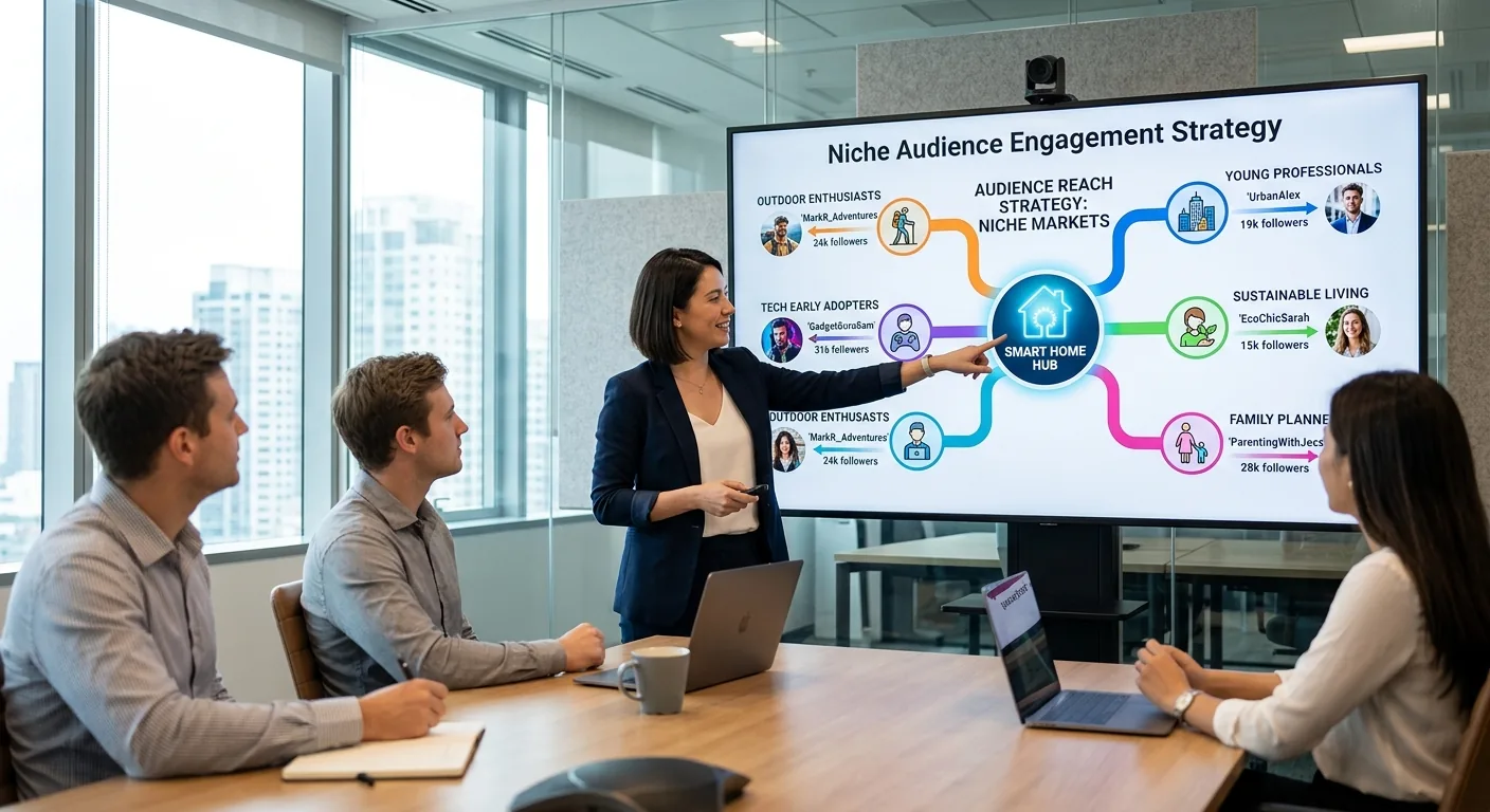 Een marketingprofessional presenteert een infographic die laat zien hoe een product via verschillende content creators diverse niche-doelgroepen bereikt.