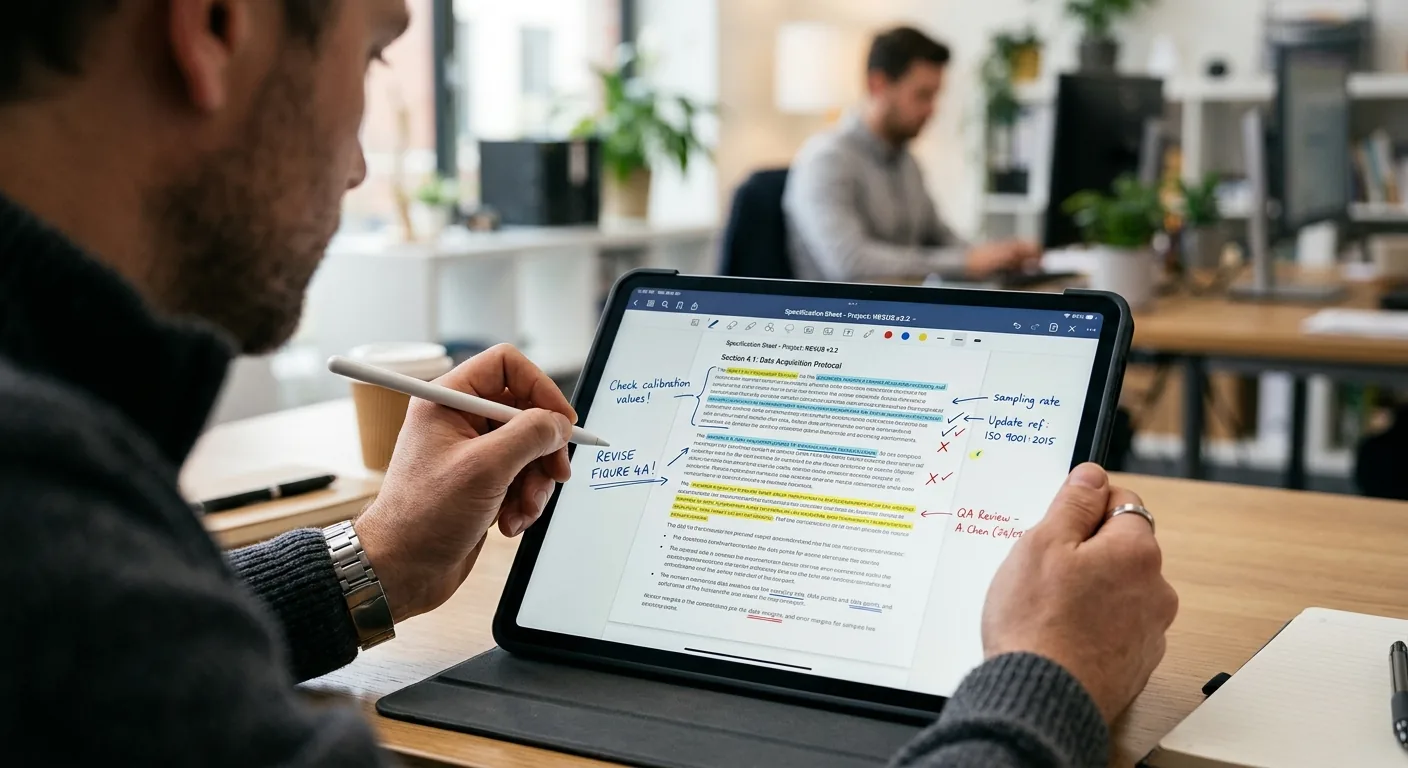 Een specialist voegt met een stylus gedetailleerde, handgeschreven notities toe aan een digitaal document op een tablet, als symbool voor de E-E-A-T-kwaliteitscontrole.