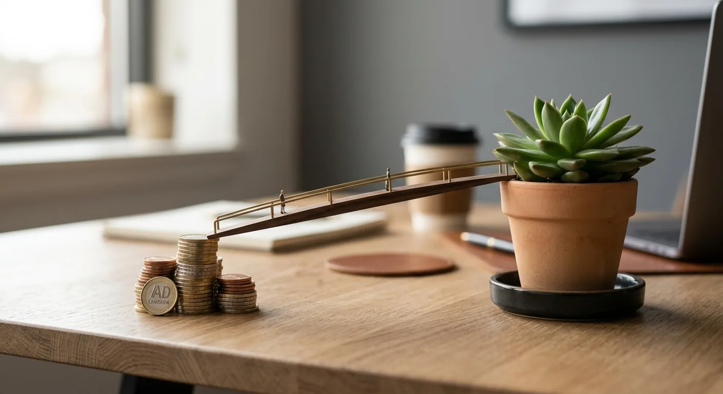 Een conceptuele foto die SEA als overbrugging naar SEO uitbeeldt: een miniatuurbrug verbindt een stapel munten (betaalde advertenties) met een groeiende plant (organisch resultaat).