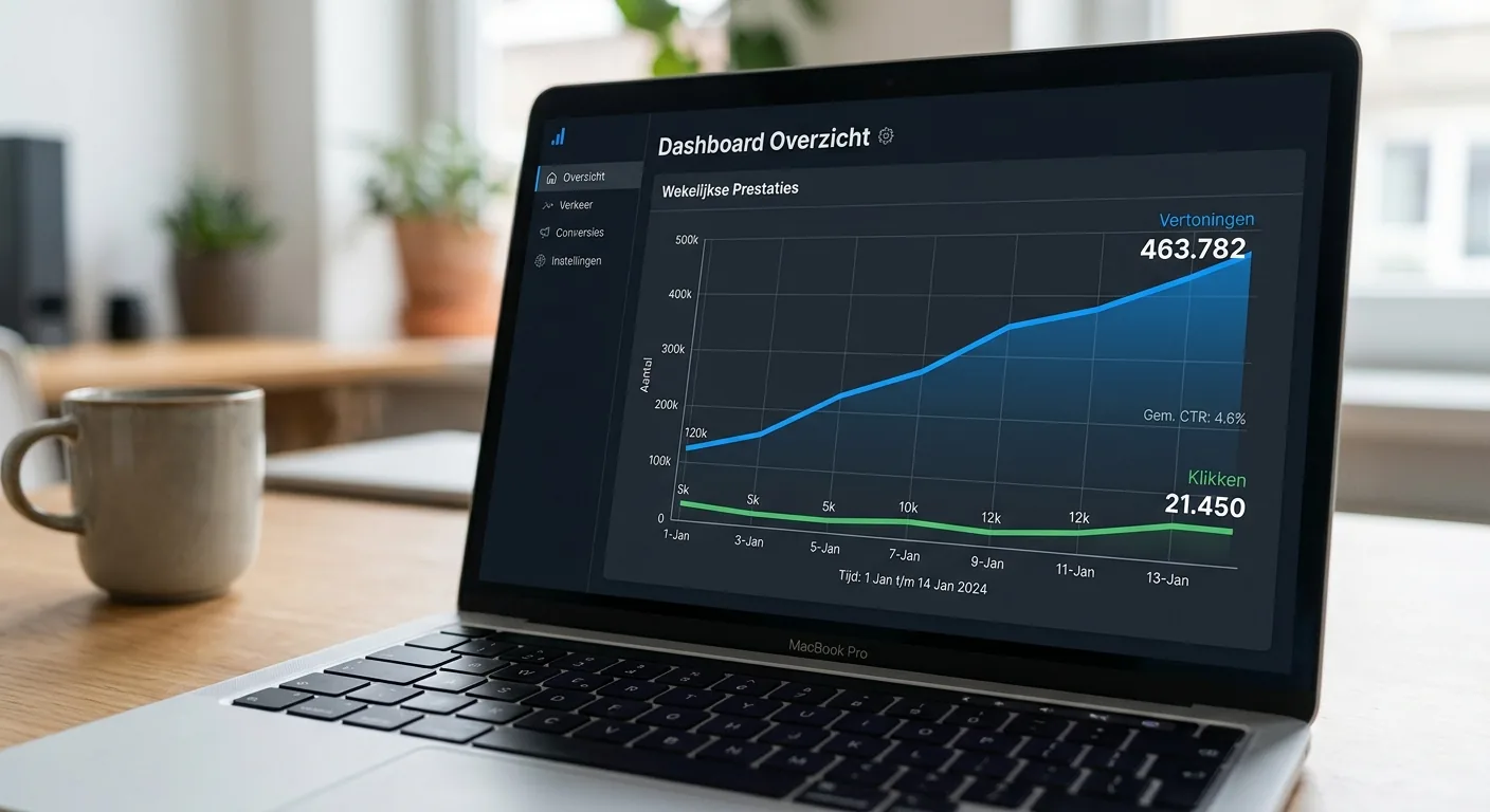 Close-up van een analysedashboard waarop te zien is dat het aantal vertoningen van een website significant stijgt, een vroege indicator van SEO-succes voordat het aantal klikken toeneemt.