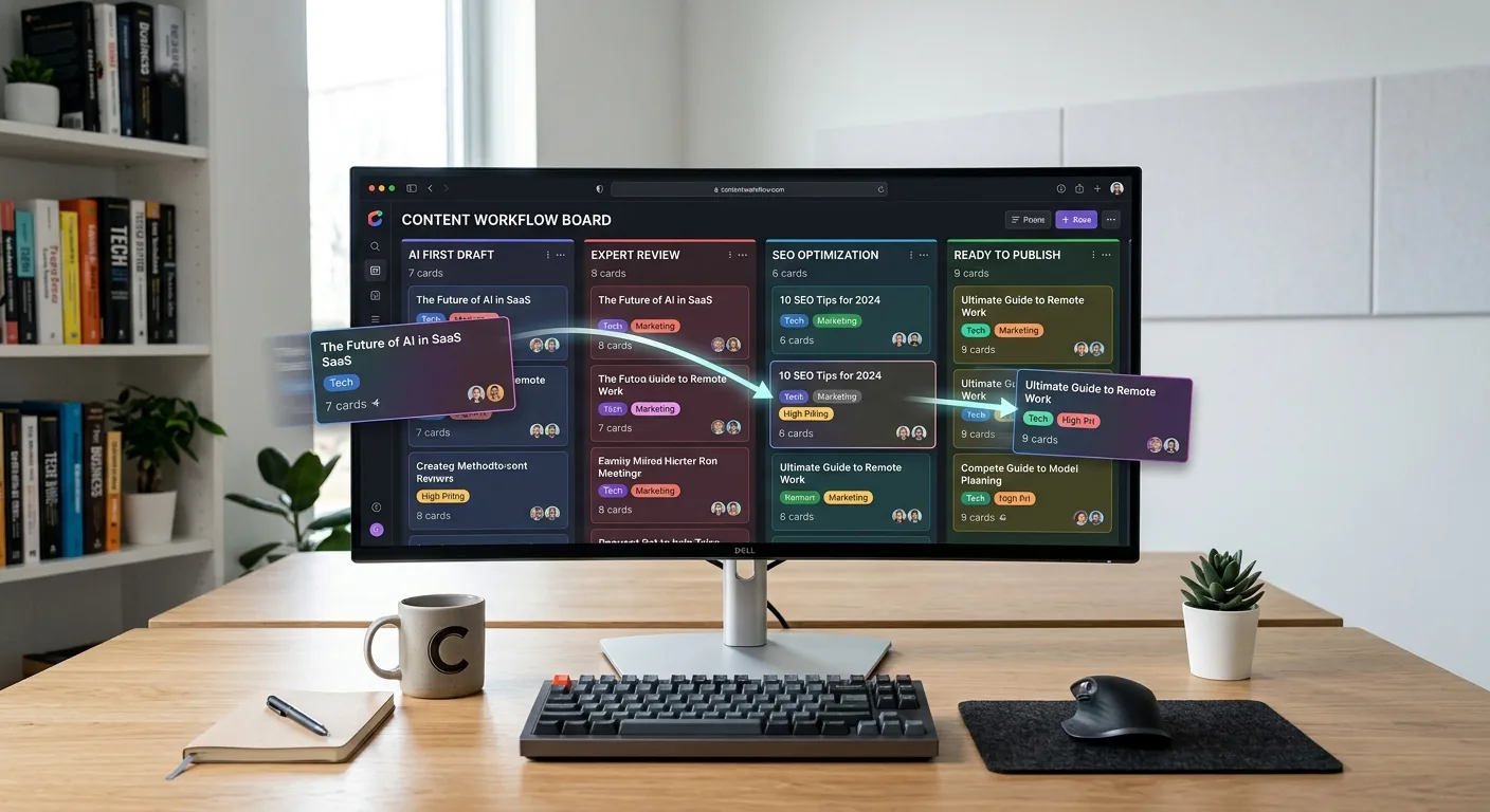 Een beeldscherm toont een digitaal kanban-bord met de verschillende fases van een efficiënte content-workflow, van de AI-conceptfase tot de publicatie na een menselijke review.