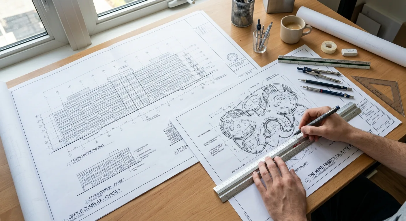Een architectenbureau met op tafel een blauwdruk voor een uniek, gespecialiseerd gebouw naast een algemeen ontwerp, wat de zorgvuldige creatie van een niche symboliseert.