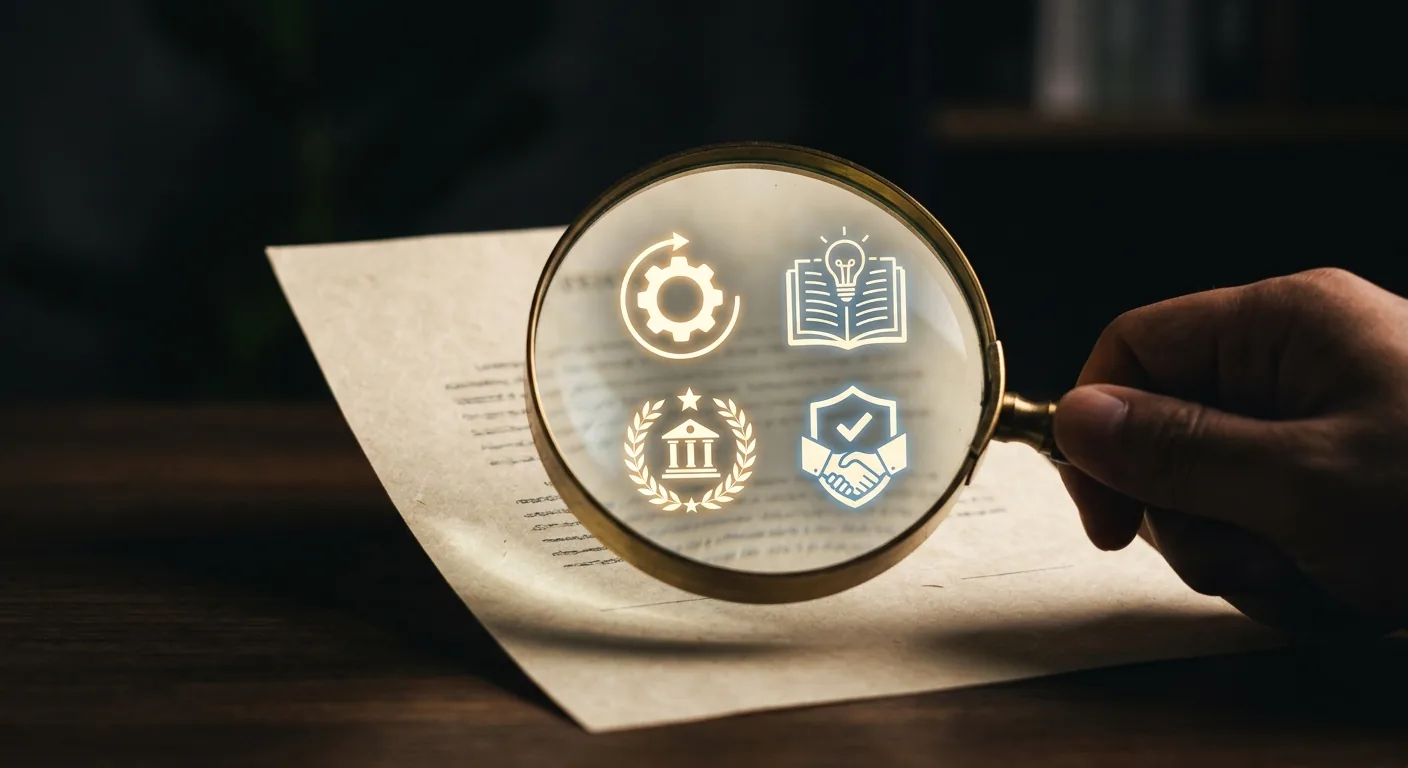 Een conceptuele foto van een document onder een vergrootglas, waarin de vier symbolen van het E-E-A-T framework oplichten als kwaliteitsfilter.