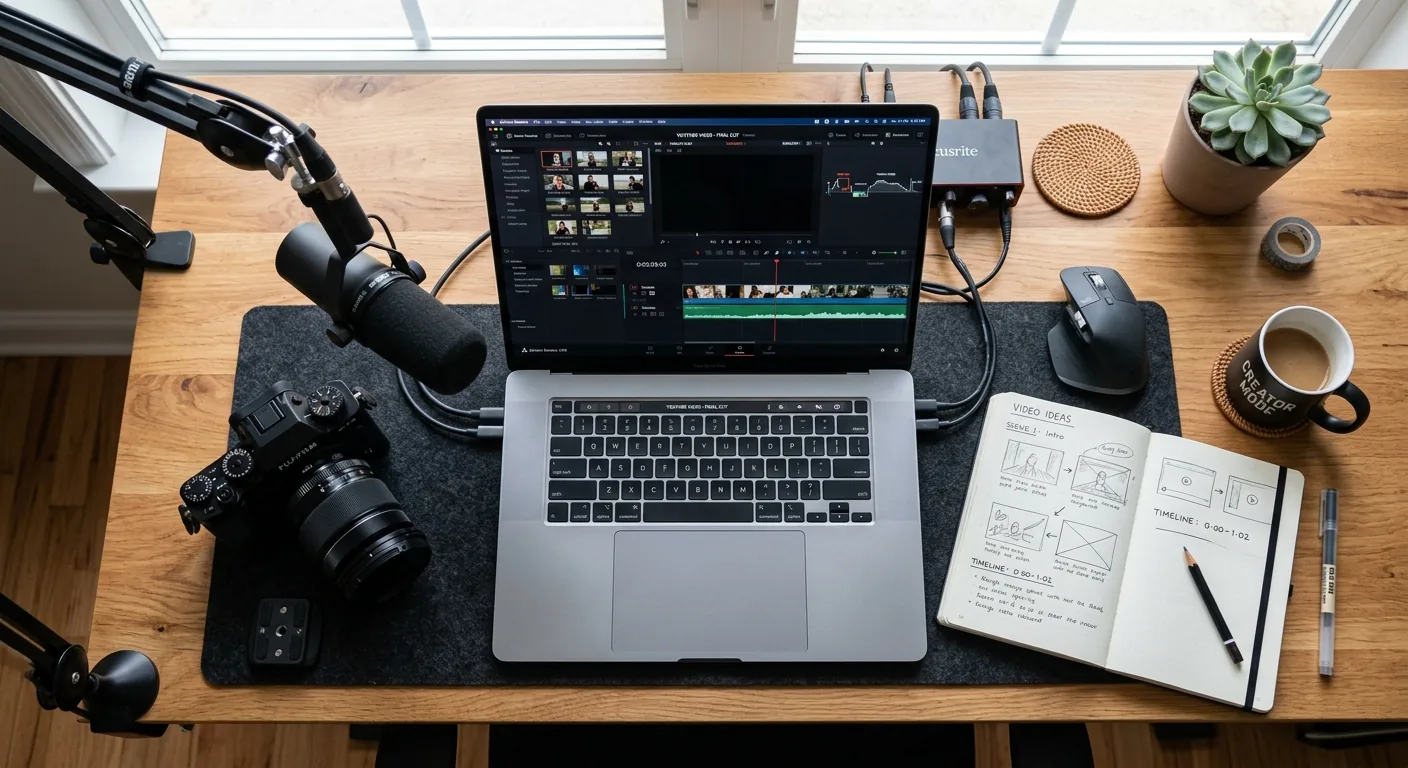 Een professionele werkplek van een content creator van bovenaf gezien, met een camera, microfoon, laptop met editing-software en een notitieboek.