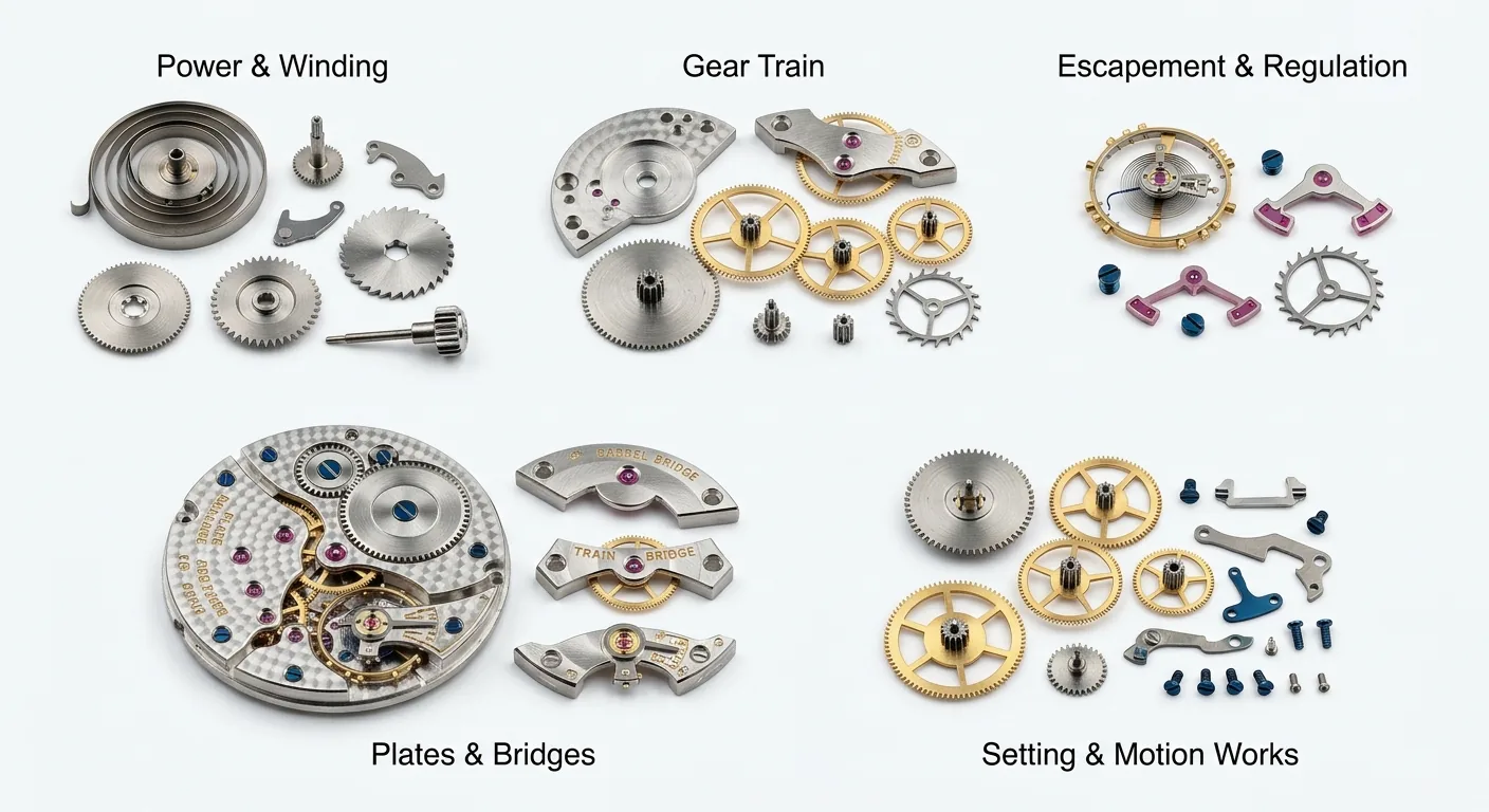 Een complex uurwerk dat zorgvuldig is gedemonteerd in vijf hoofdonderdelen, netjes geordend op een witte achtergrond, als metafoor voor de vijf elementen van een niche.