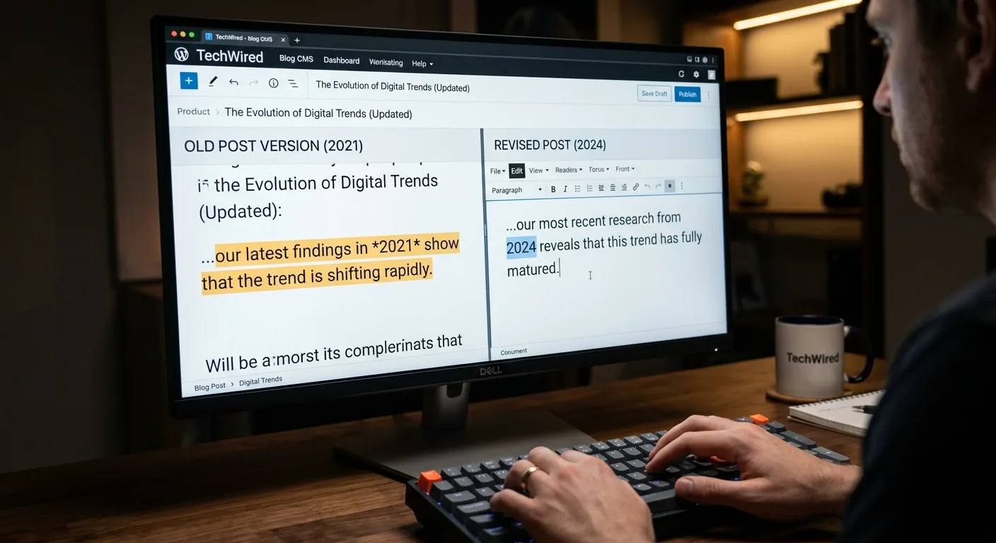 Het proces van het updaten van verouderde content, waarbij een oude tekst op een computerscherm wordt vervangen door een nieuwe, actuele versie.