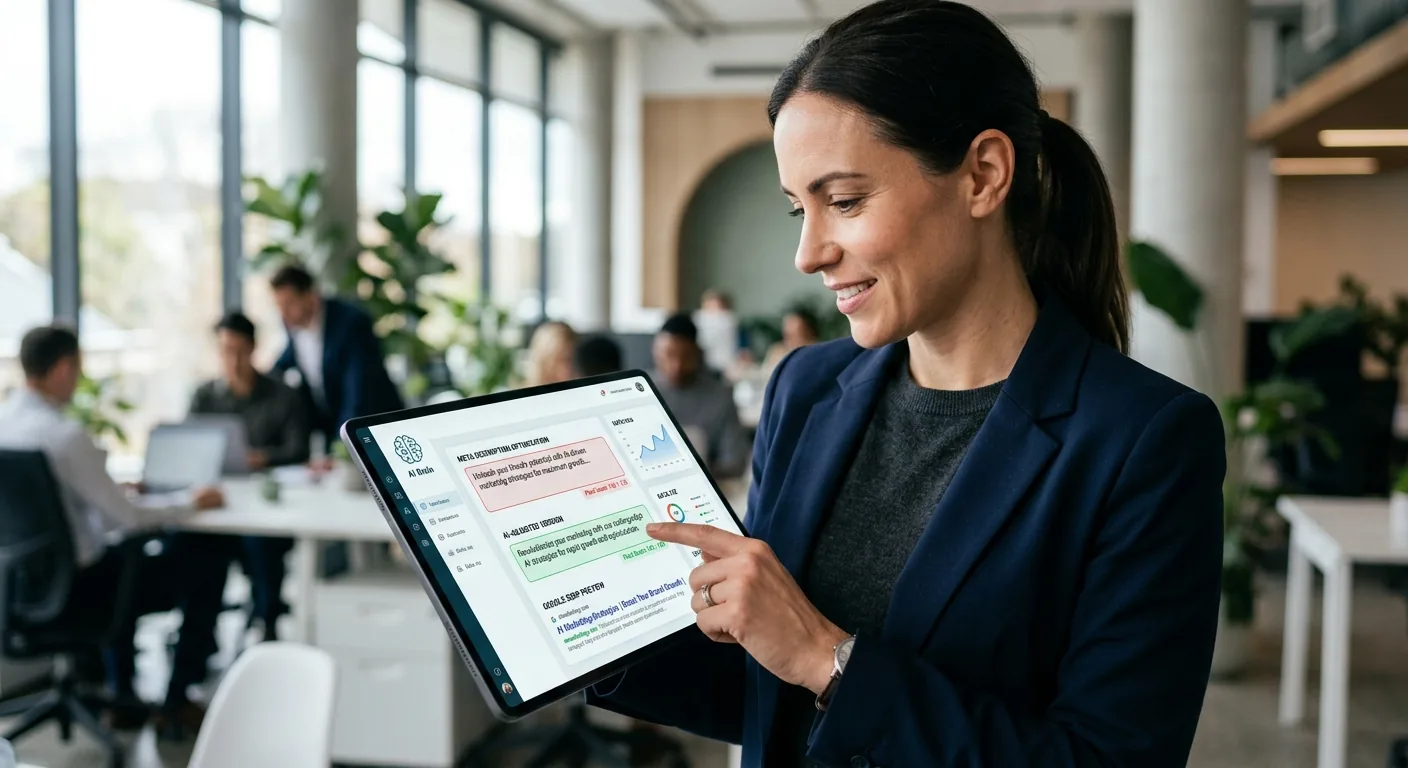 Een SEO-specialist controleert op een tablet hoe een AI-tool een meta description optimaliseert binnen de juiste pixellimiet voor Google.