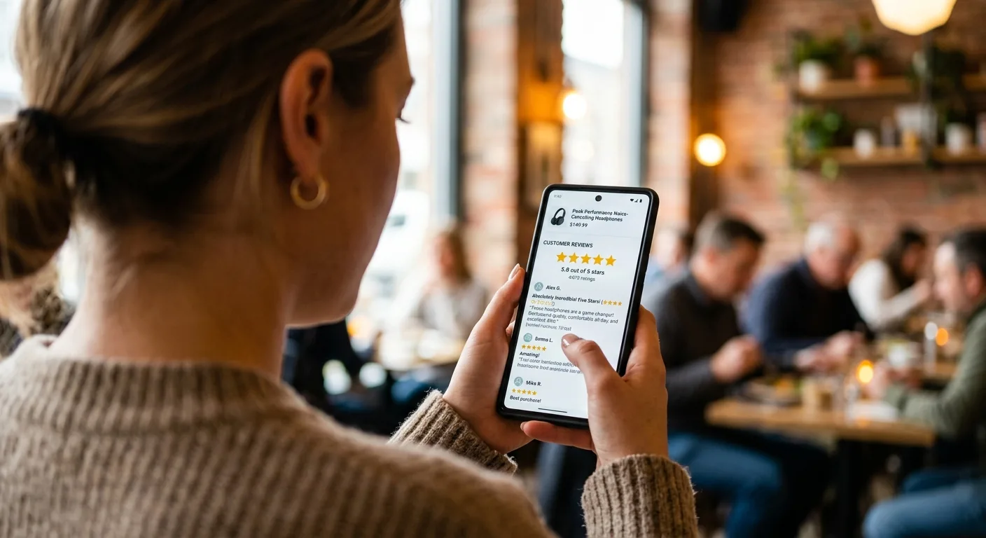 Een consument die op een smartphone aandachtig de positieve reviews en sterrenbeoordelingen van een product leest, als onderdeel van de aankoopbeslissing.