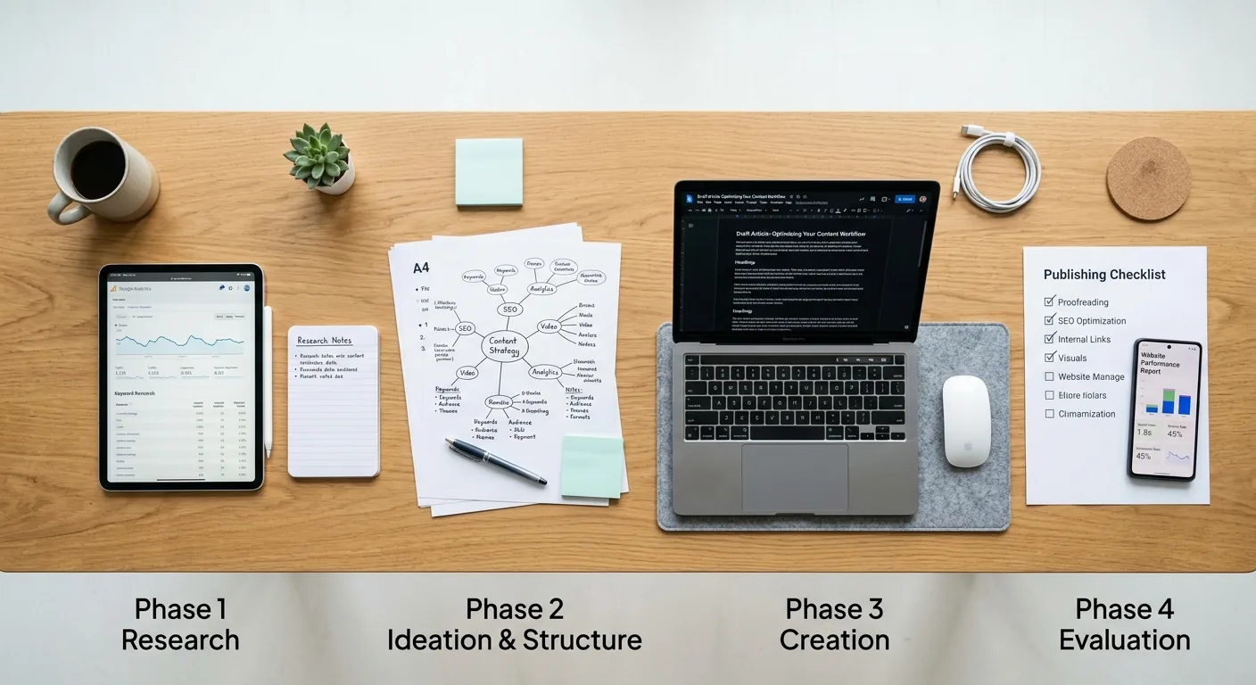 Overheadfoto van een bureau waarop de vier fasen van een SEO-contentproces zijn uitgelegd met data-analyse, een cluster-diagram, een concepttekst en een technische checklist.