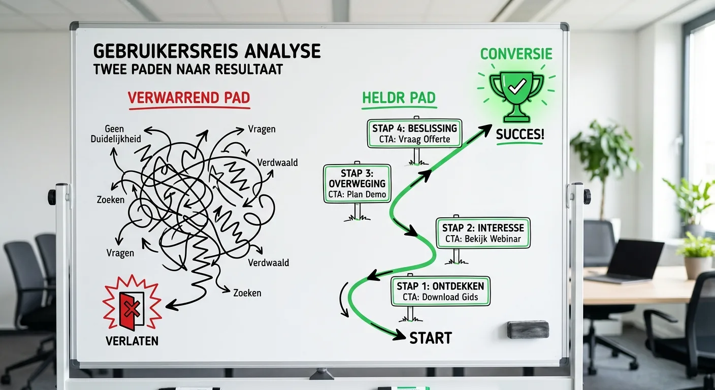 Een whiteboard-diagram toont twee klantreizen: een verward pad zonder duidelijke CTA's leidt tot een exit, terwijl een gestroomlijnd pad met call to actions naar een conversie leidt.